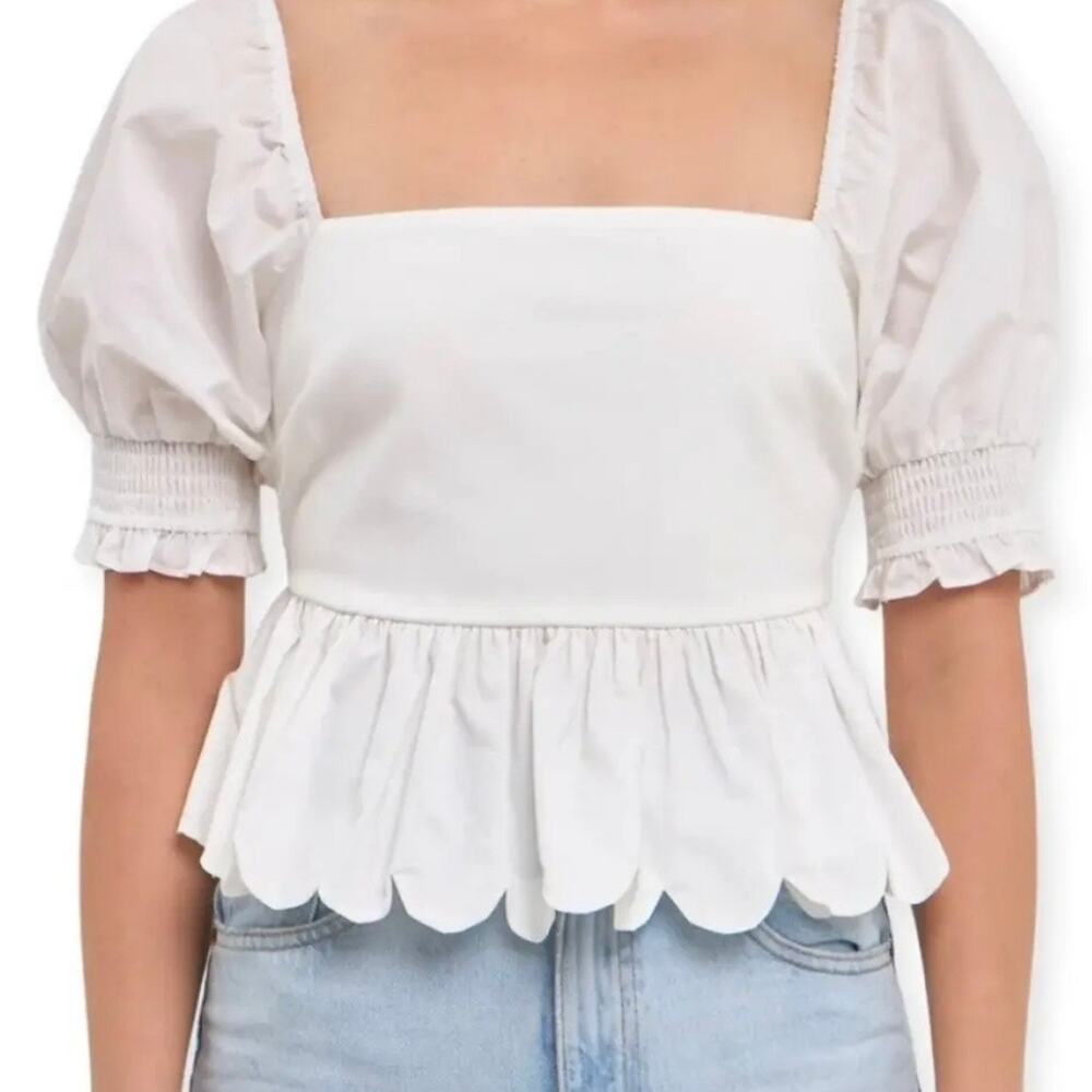 English Factory Mixed Media Scalloped Cropped Peplum White Size S NWT